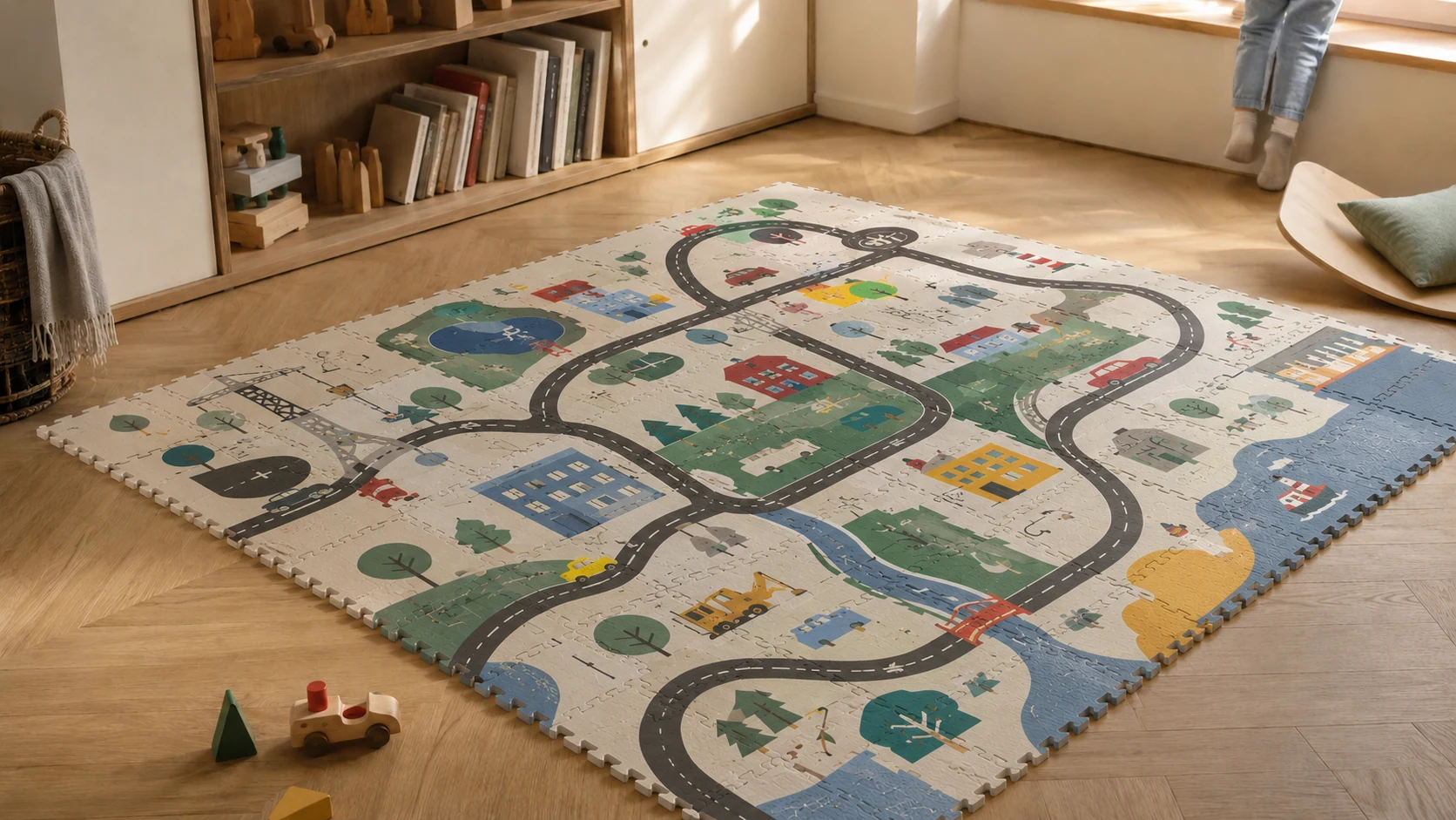 Custom illustrated MatStory foam mat in a child’s room