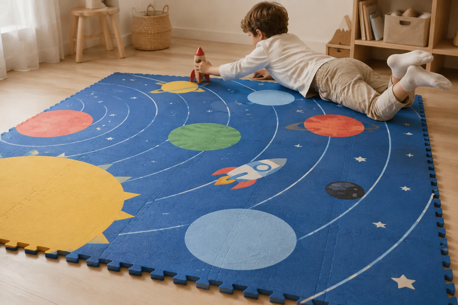 Child playing on a space-themed modular MatStory mat