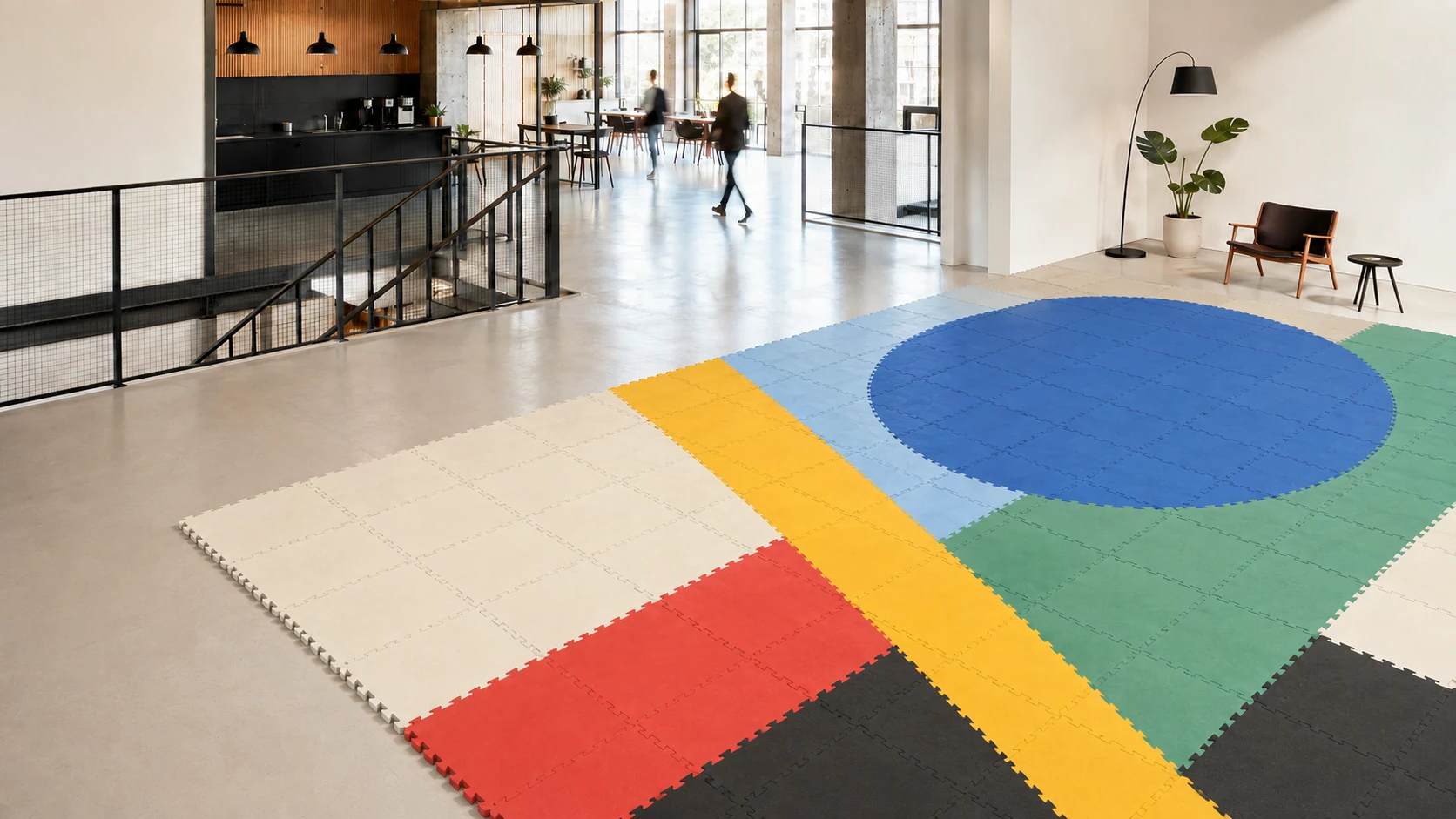 Colour-block modular MatStory flooring in a modern office